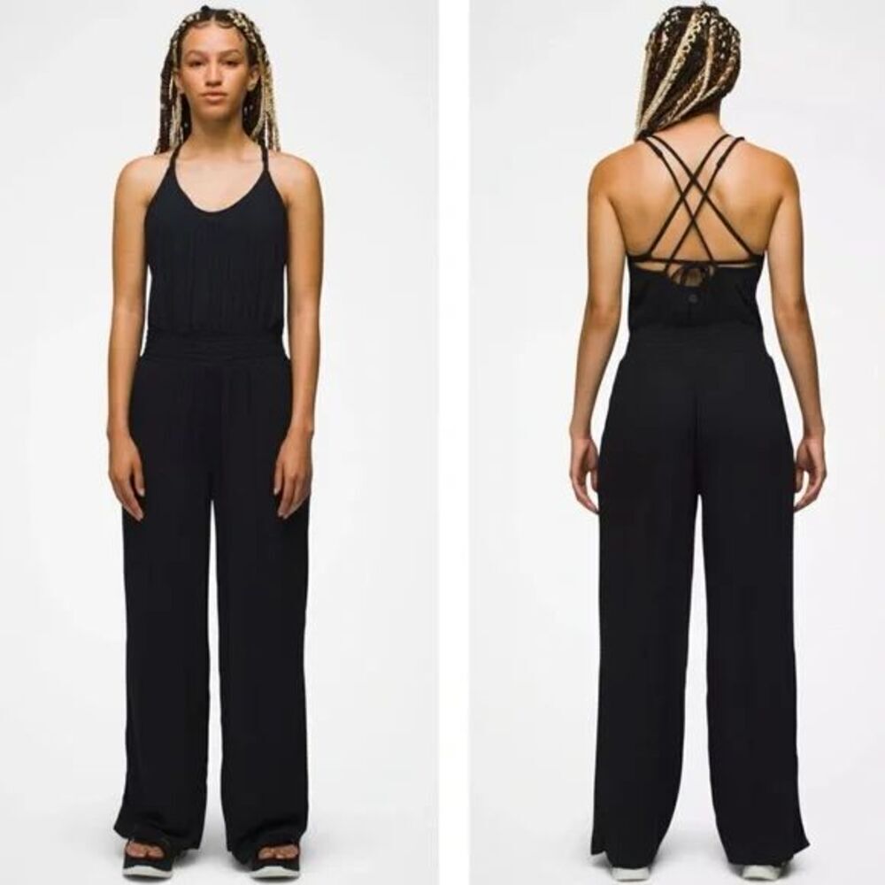 prAna Fernie Jumpsuit Womens Medium Black Smocked Waist Crinkle Relaxed Wide Leg - Picture 3 of 12